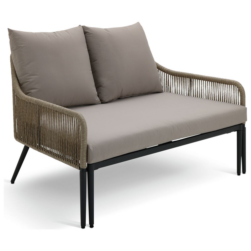 Modern outdoor sofa with beige cushions and woven frame, ideal for patio or garden seating