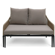 Modern outdoor sofa with taupe cushions and woven frame, perfect for patio or garden seating