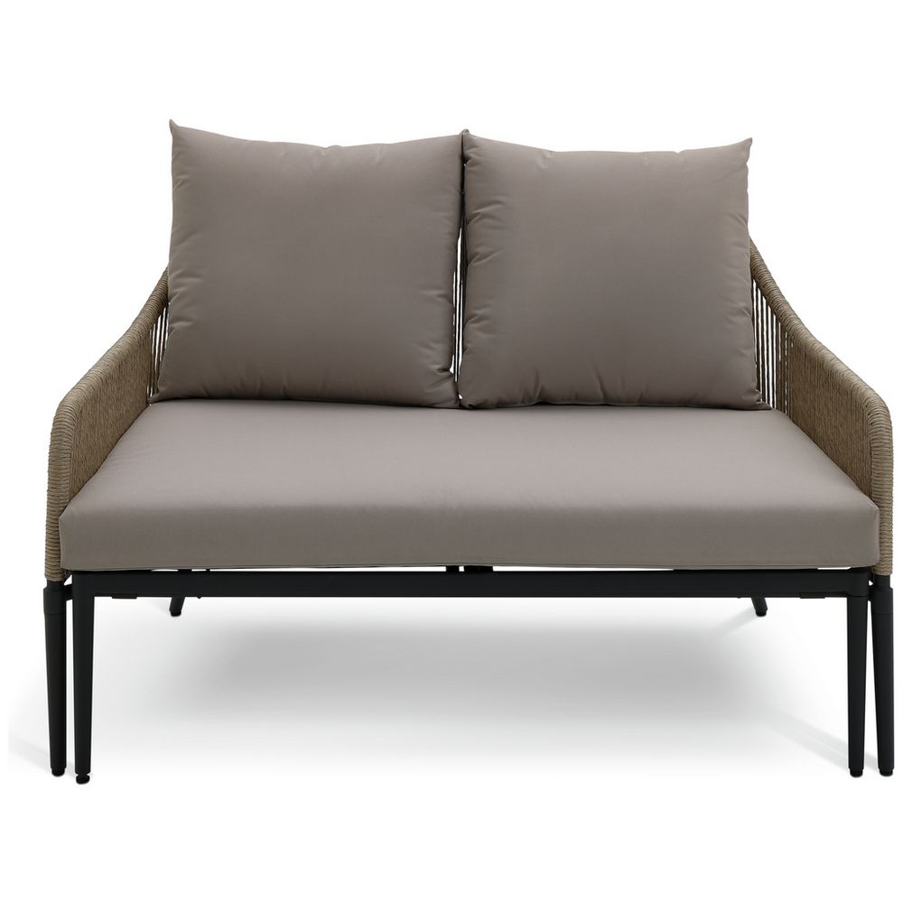 Modern outdoor sofa with taupe cushions and woven frame, perfect for patio or garden seating