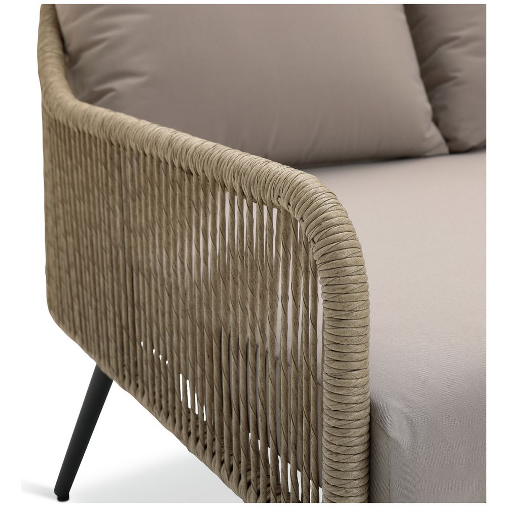 Luxury woven rattan sofa with beige cushions and black legs, modern living room furniture