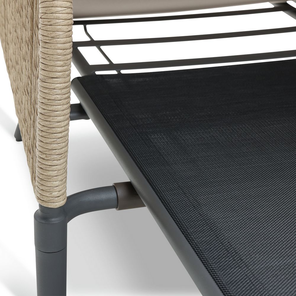Luxury outdoor lounge chair with woven rope arm and black mesh seat, modern patio furniture
