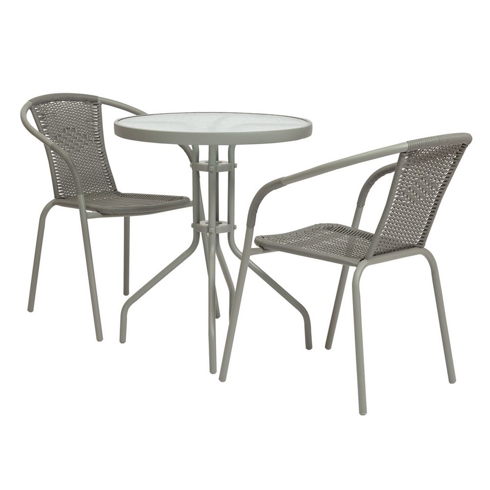 Grey outdoor bistro set with round glass-top table and two woven armchairs, perfect for patios or balconies.