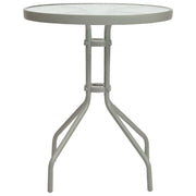 Grey round outdoor bistro table with glass top and metal frame, ideal for patio or garden use