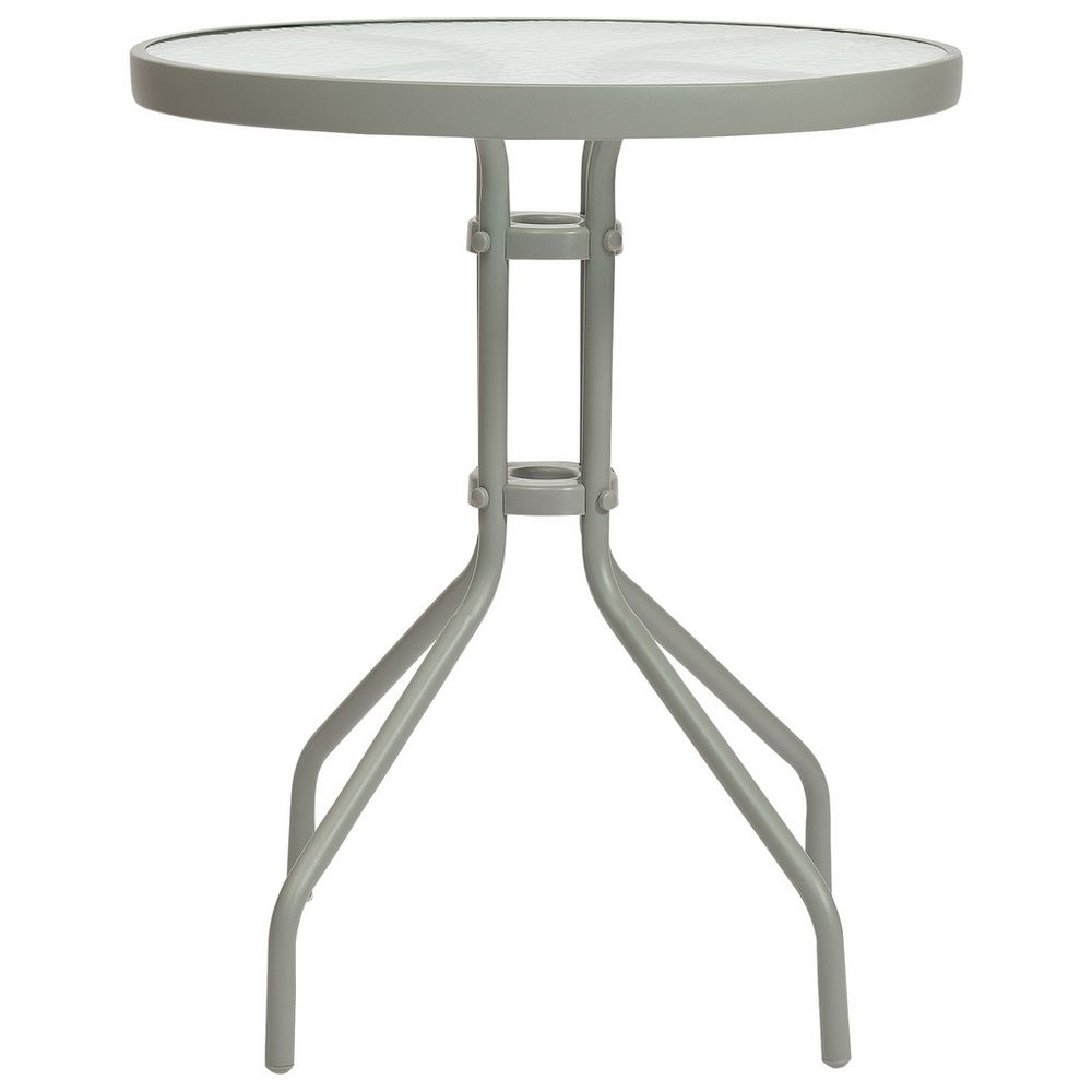 Grey round outdoor bistro table with glass top and metal frame, ideal for patio or garden use