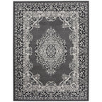 Elegant grey and black ornate area rug with floral border and central medallion design