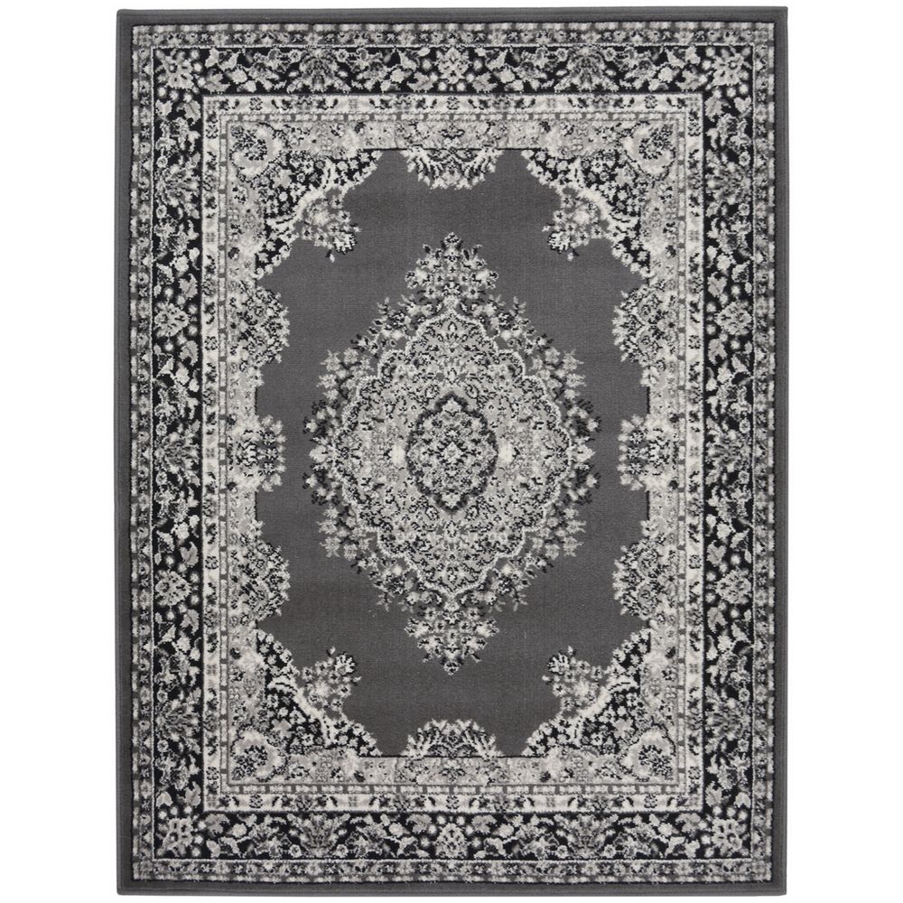 Elegant grey and black ornate area rug with floral border and central medallion design