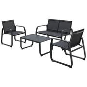 Black outdoor patio furniture set with sofa, two armchairs, and coffee table for garden or balcony use