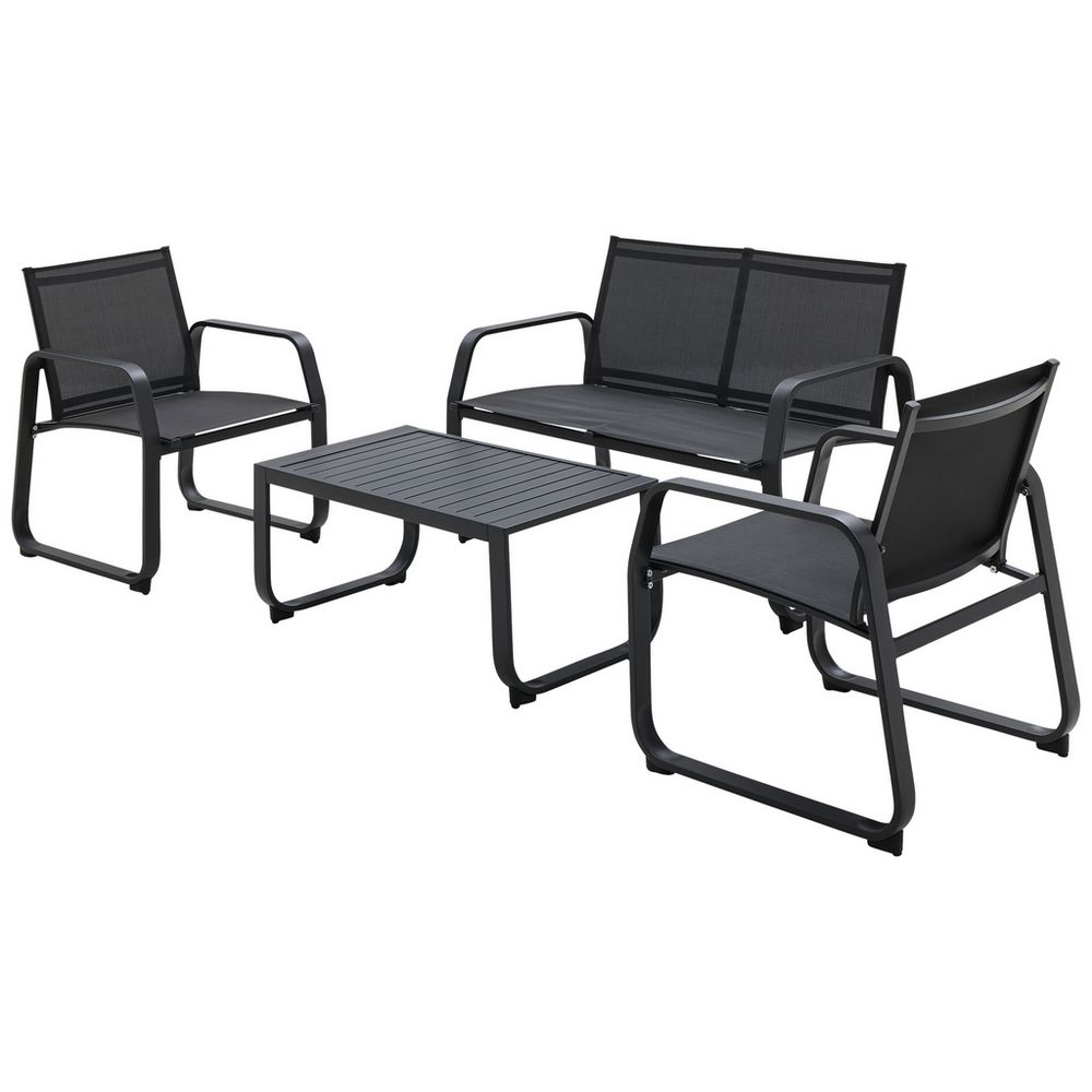 Black outdoor patio furniture set with sofa, two armchairs, and coffee table for garden or balcony use