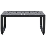 Black outdoor patio bench with slatted design and curved legs