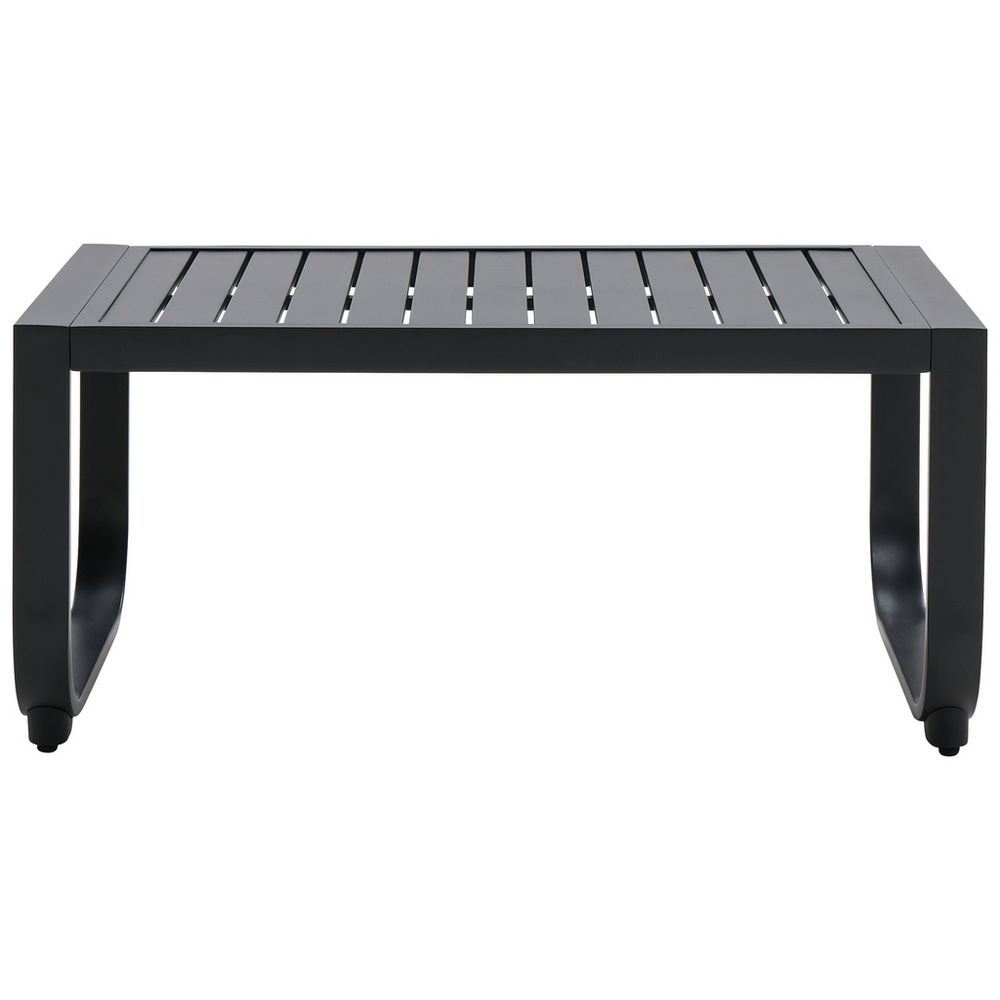 Black outdoor patio bench with slatted design and curved legs