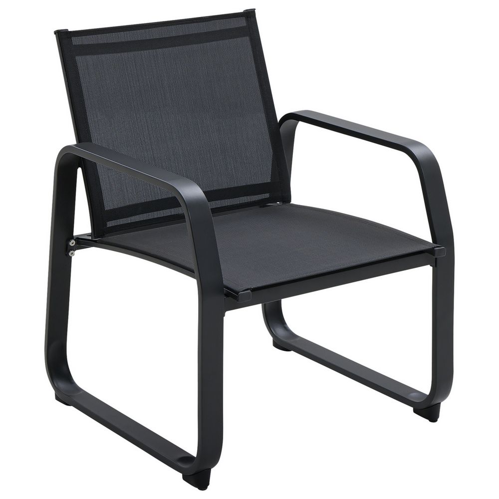 Black mesh armchair with modern metal frame, ideal for contemporary living spaces