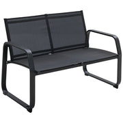 Black metal outdoor bench with mesh seating and backrest, modern patio furniture design