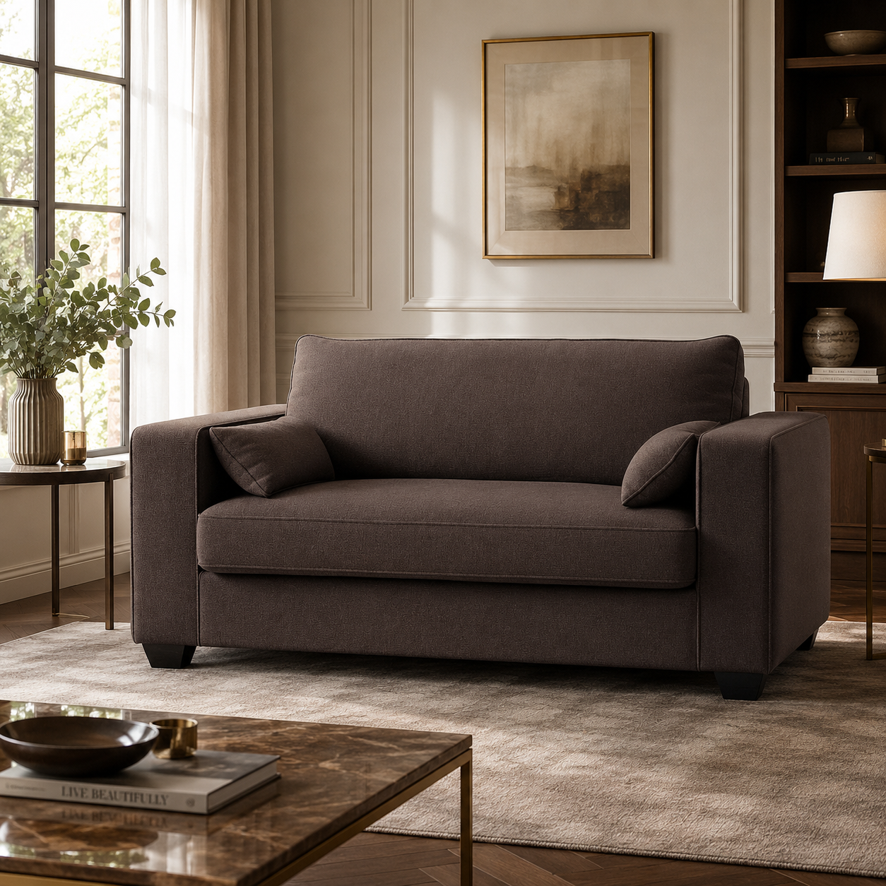 Luxury brown fabric sofa with plush cushions in modern living room, perfect for cozy seating and stylish home decor