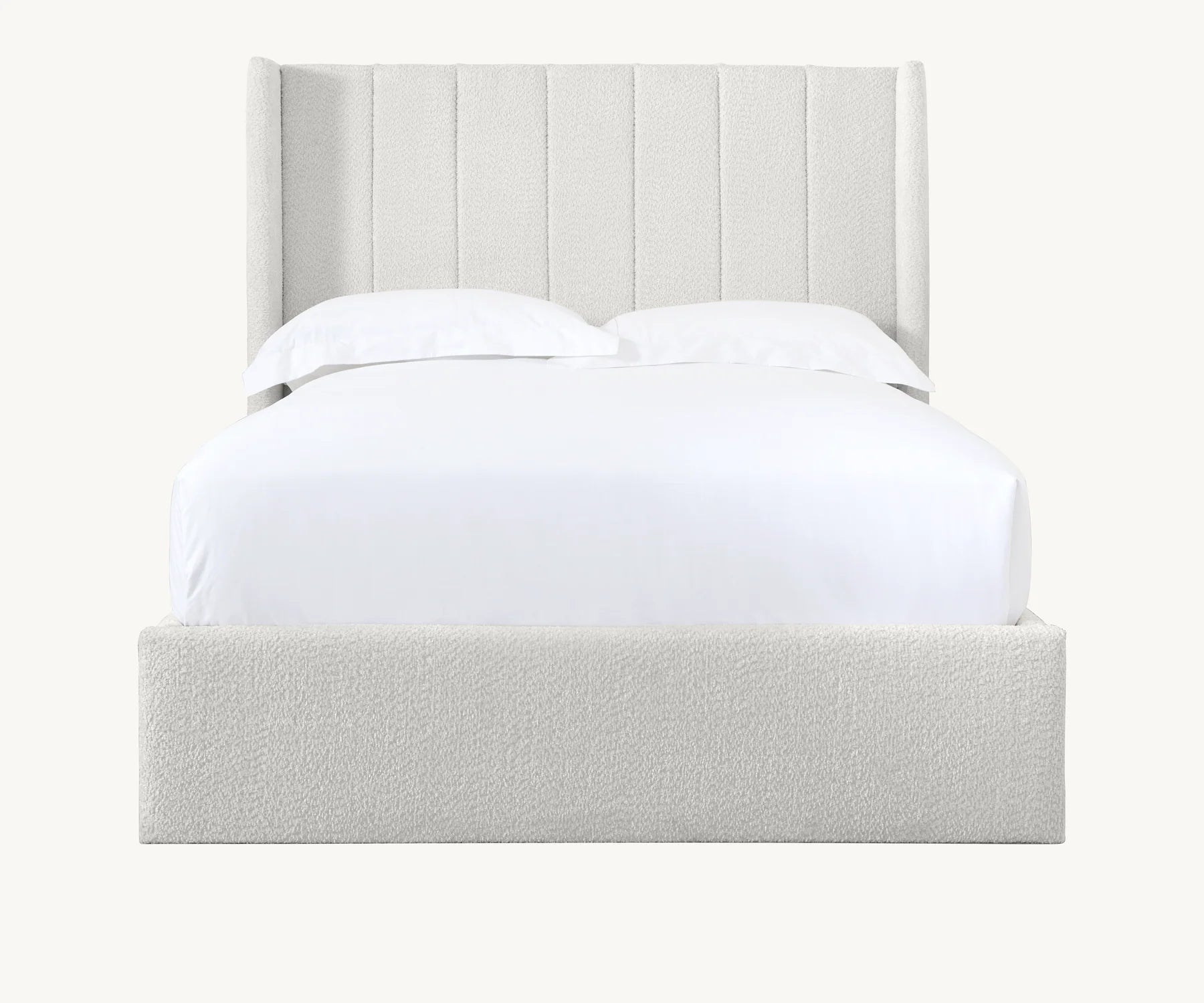 Modern upholstered bed with vertical panel headboard and white bedding