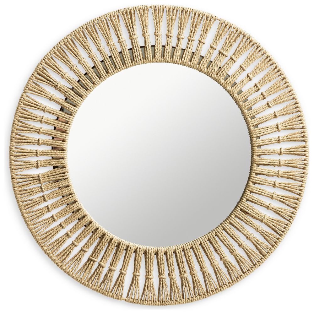 Round woven rope mirror with sunburst frame, coastal home decor accent piece