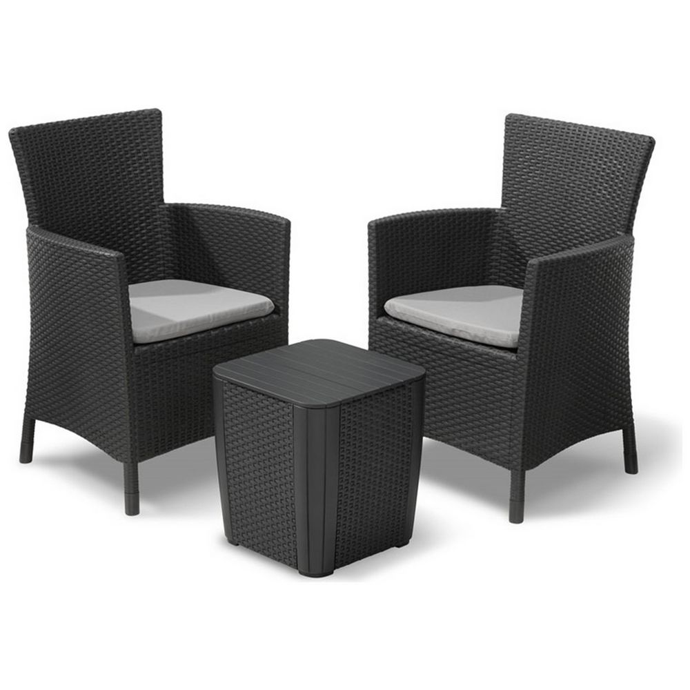 Black wicker outdoor patio set with two armchairs and side table, grey cushions included