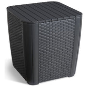 Black outdoor side table with woven texture and slatted top, perfect for patio or garden use