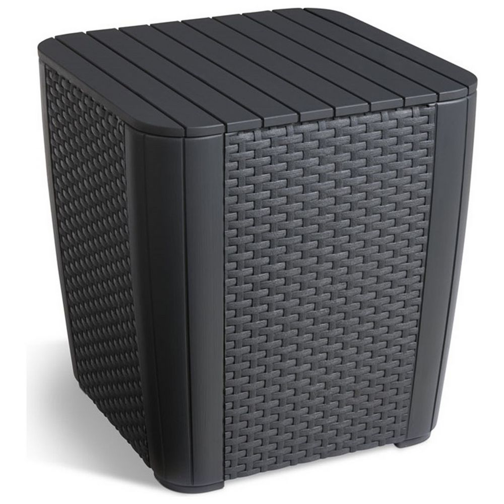 Black outdoor side table with woven texture and slatted top, perfect for patio or garden use