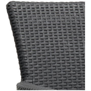 Dark gray woven wicker outdoor chair back detail, durable all-weather patio furniture
