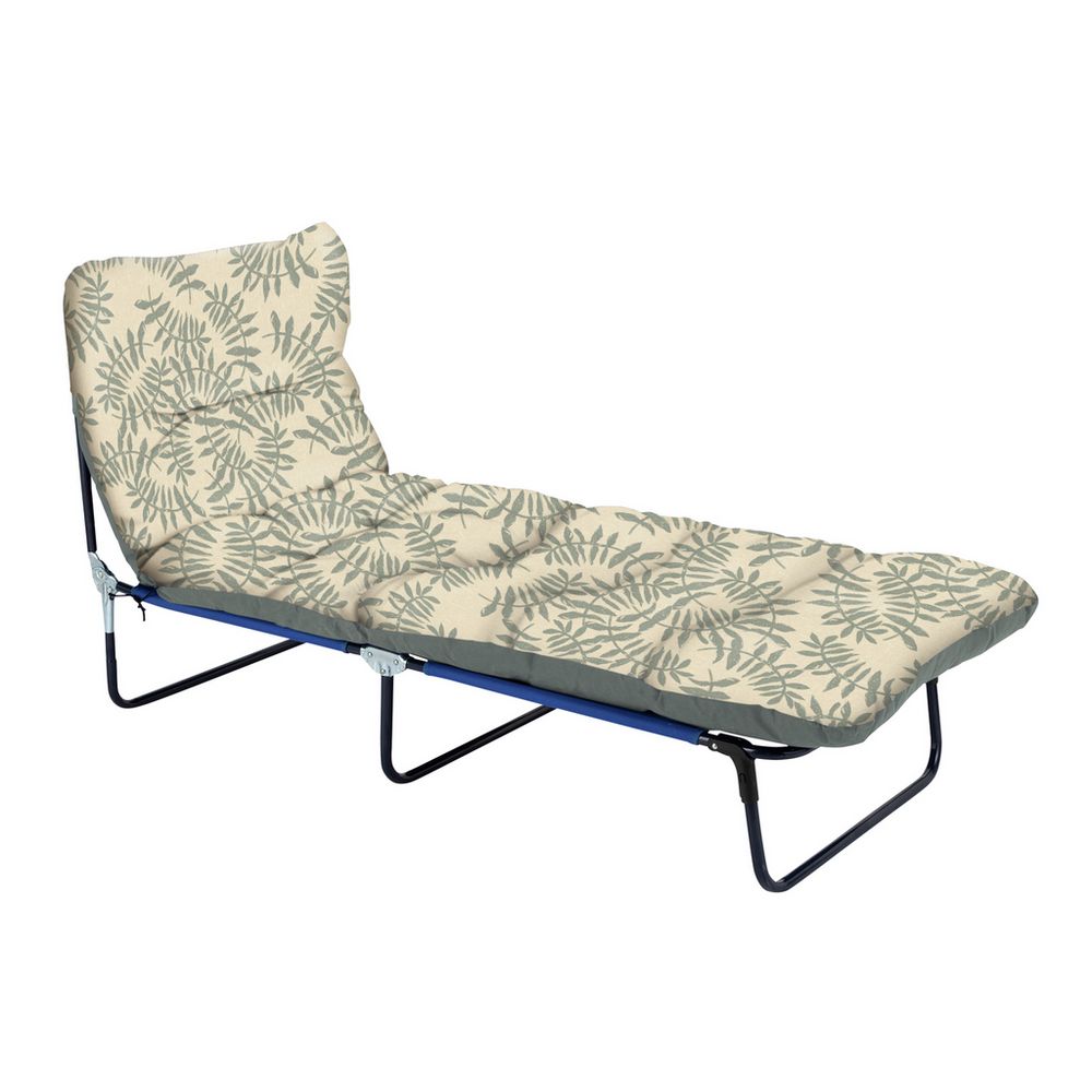 Leaf-patterned chaise lounge with padded cushion and metal frame, ideal for relaxation or guest seating.