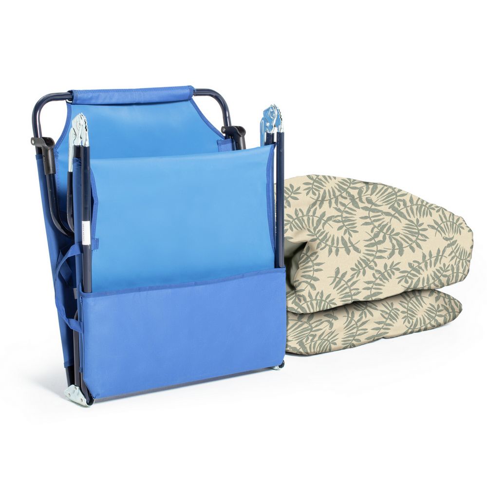Blue foldable outdoor chair with leaf-patterned cushion, portable and compact for camping or garden use