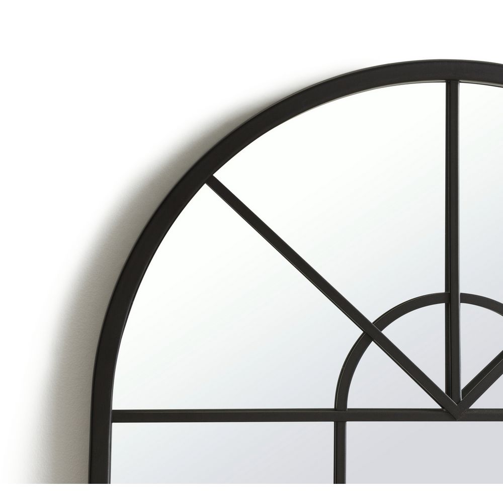 Black arched window-style mirror with geometric frame design for modern home decor