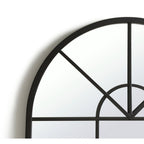Black arched window-style mirror with geometric frame design for modern home decor