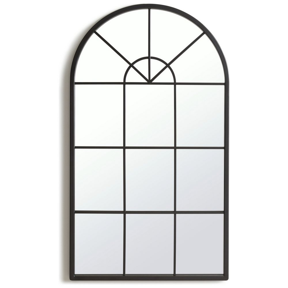 Arched window-style wall mirror with black metal frame, perfect for modern home decor