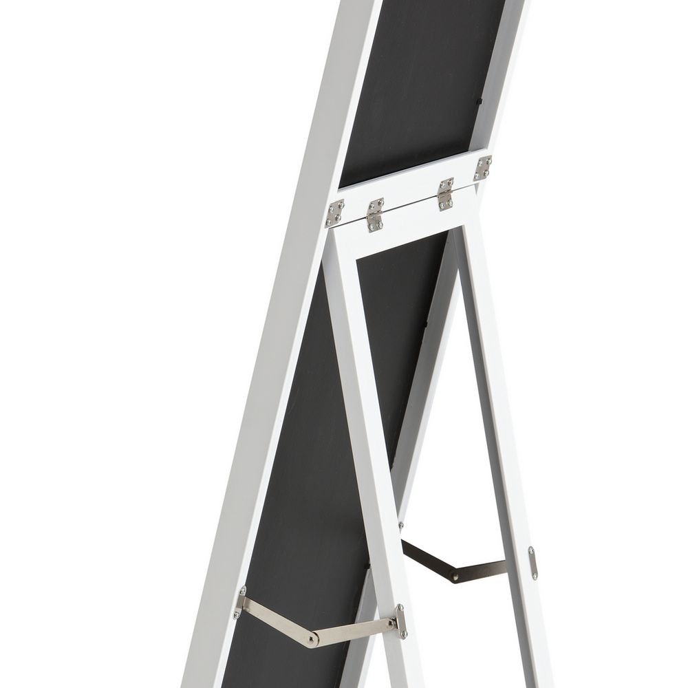 White A-frame floor mirror with black backing and silver hinges, modern full-length design