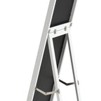 White A-frame floor mirror with black backing and silver hinges, modern full-length design