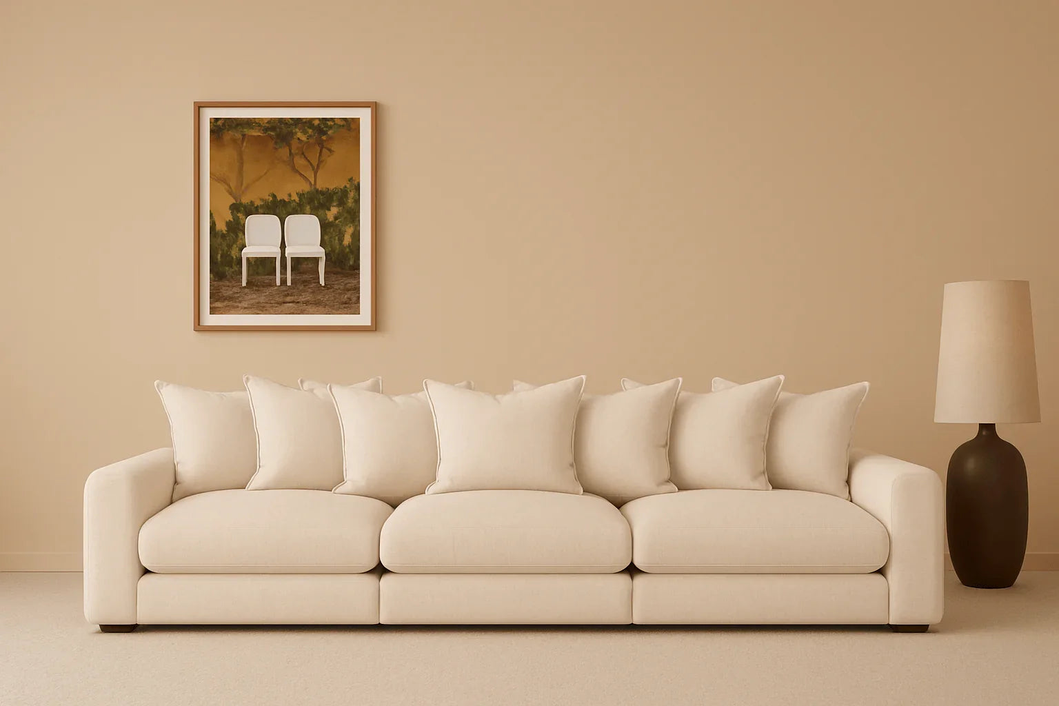 Modern beige sofa with plush cushions, floor lamp and wall art in a minimalist living room