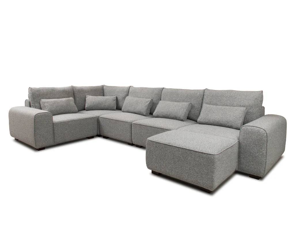 Modern grey corner sectional sofa with chaise and matching cushions, contemporary living room furniture