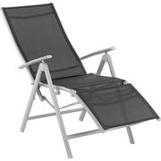 Black mesh reclining lounge chair with silver frame, ideal for patio or garden relaxation.