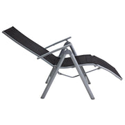Black fabric sun lounger with grey metal frame, adjustable recline for outdoor relaxation