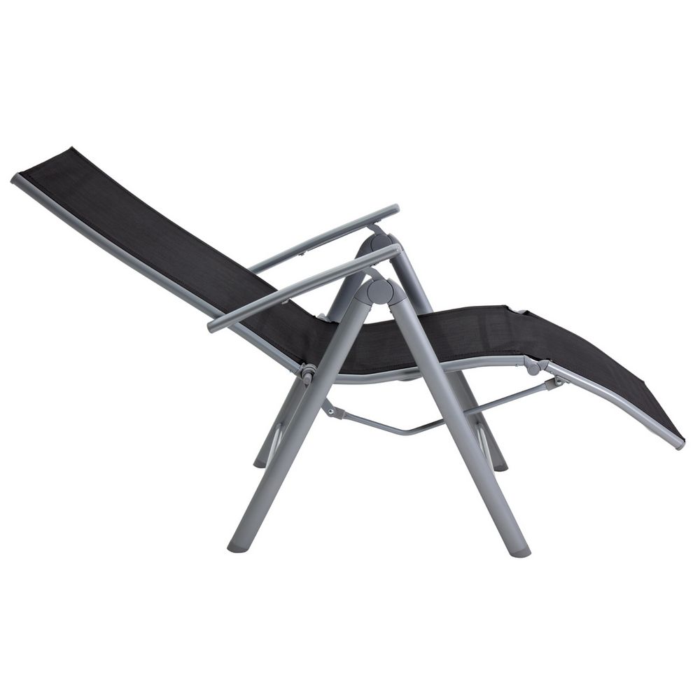 Black fabric sun lounger with grey metal frame, adjustable recline for outdoor relaxation