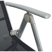 Grey folding chair with black mesh seat and armrest detail