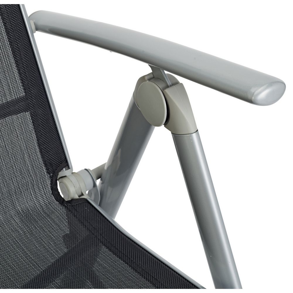 Grey folding chair with black mesh seat and armrest detail