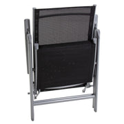 Black mesh folding chair with silver metal frame, portable outdoor seating