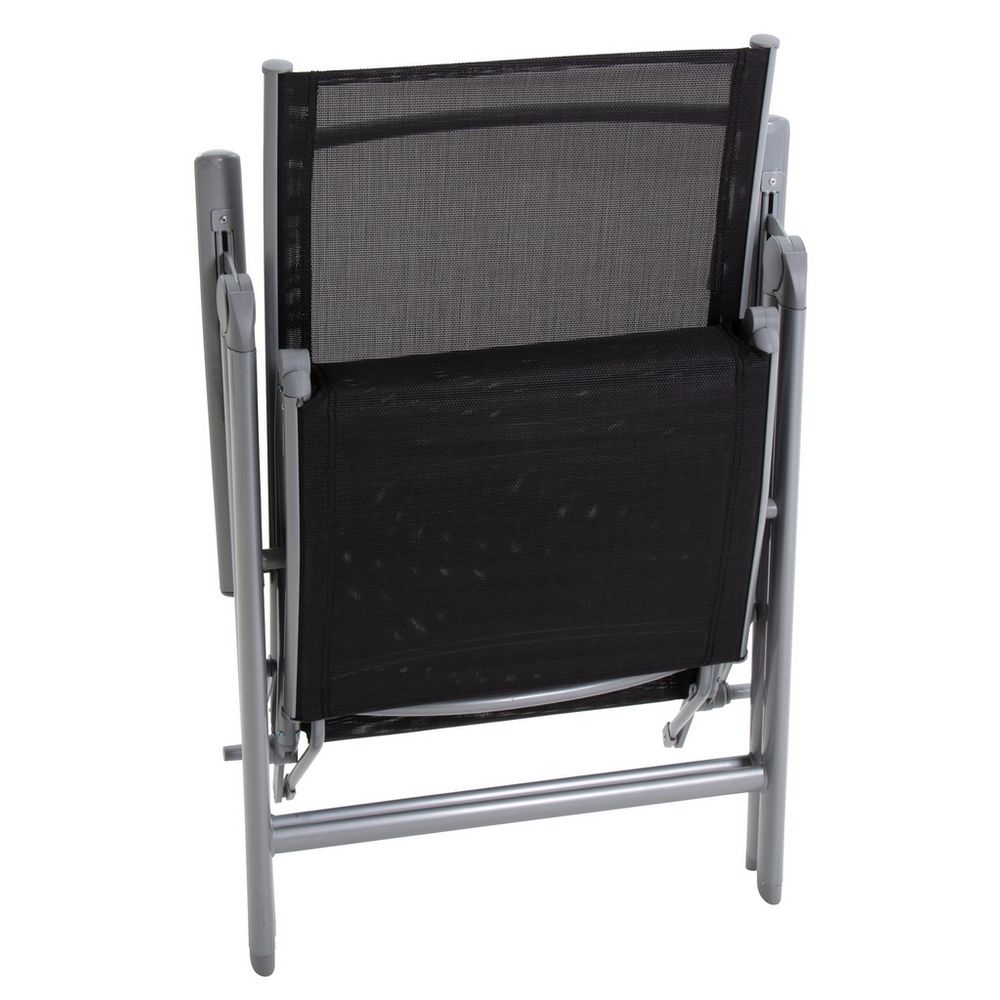 Black mesh folding chair with silver metal frame, portable outdoor seating