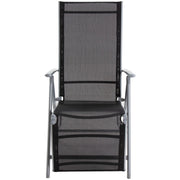 Black mesh outdoor recliner chair with silver frame and armrests, perfect for patio relaxation.