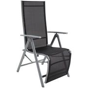 Black mesh outdoor lounge chair with gray metal frame and adjustable recline