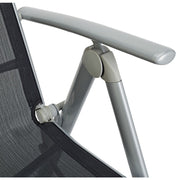 Grey folding chair with black mesh fabric and adjustable armrest detail