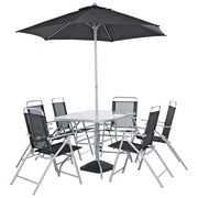 Black outdoor patio set with glass table, 6 chairs, and large umbrella for garden dining