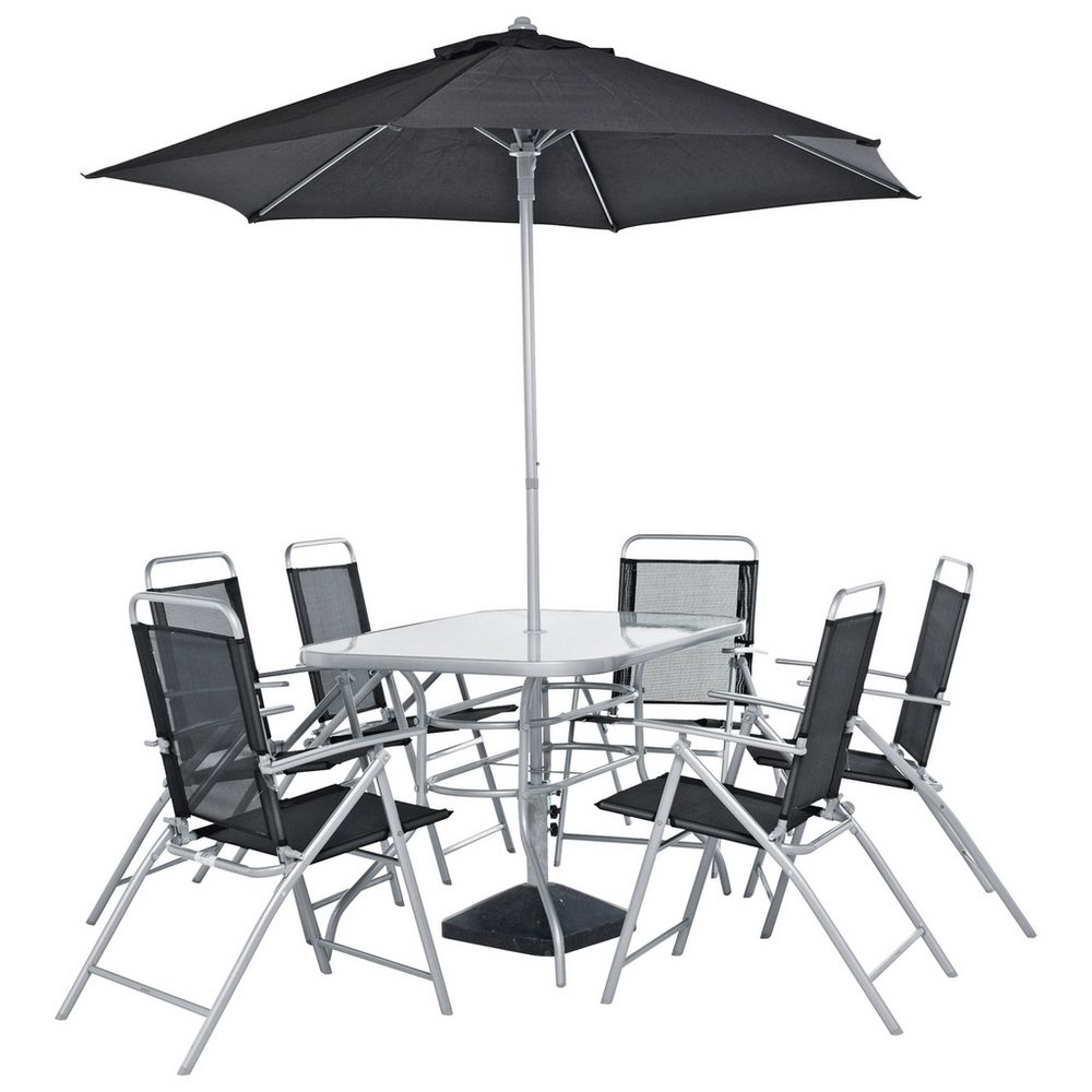 Black outdoor patio set with glass table, 6 chairs, and large umbrella for garden dining