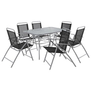 Modern outdoor dining set with glass table and 6 black mesh chairs, perfect for patio or garden use.