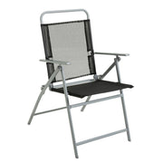 Black mesh folding chair with silver metal frame, portable outdoor seating