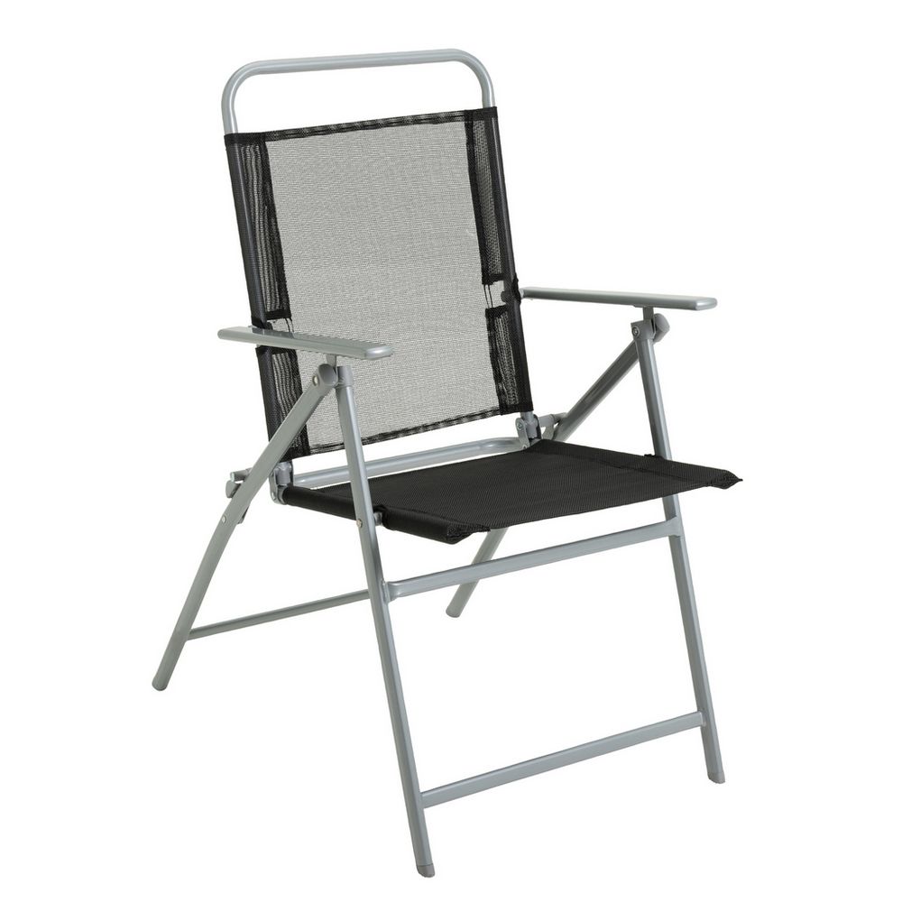 Black mesh folding chair with silver metal frame, portable outdoor seating