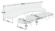 White curved sectional sofa with matching tables, dimensions shown for luxury living room furniture