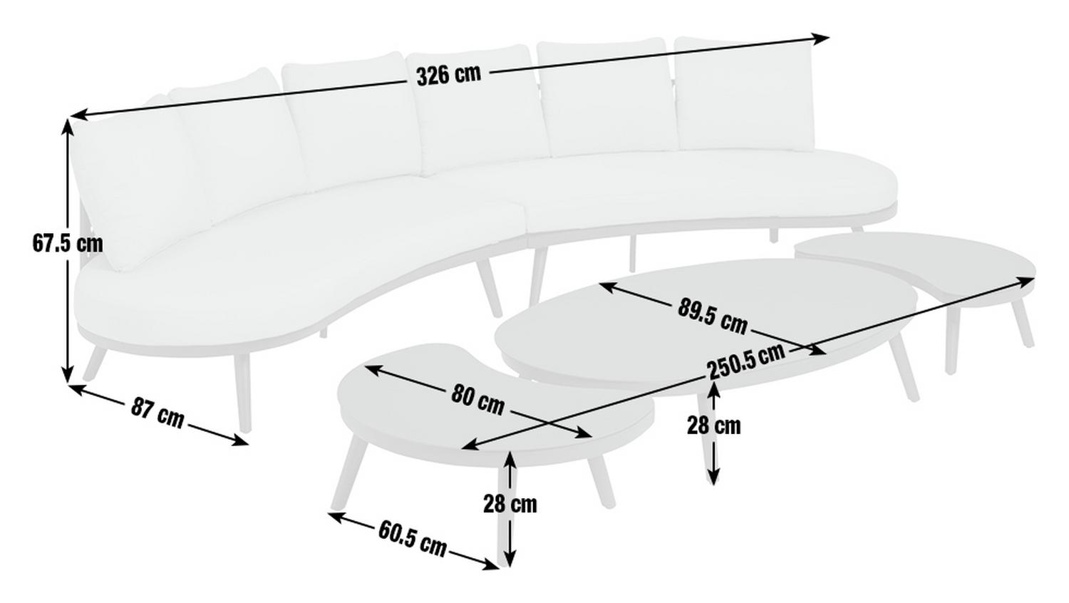White curved sectional sofa with matching tables, dimensions shown for luxury living room furniture