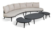 Curved beige sectional sofa with black frame and matching coffee tables, modern luxury living room furniture